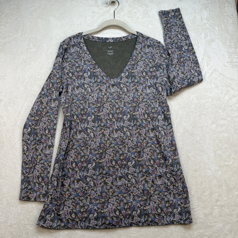 J Jill Tunic Top Womens XS Paisley V Neck Long Sleeve Supima Cotton Casual